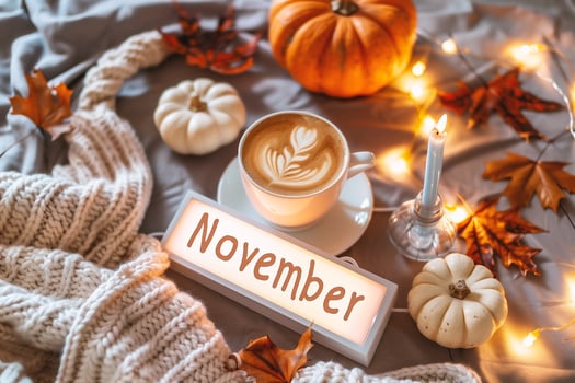 Autumn composition with pumpkins, knitted plaid, cup of coffee and autumn leaves on white wooden background photo