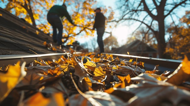 Workers on the roof of a house in the autumn season. photo