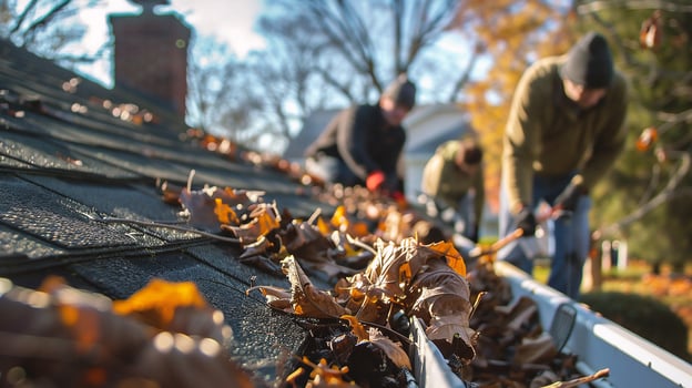 Workers on the roof of a house in the autumn season. photo