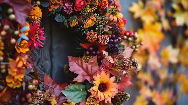 Beautiful autumnal wreath made of colorful leaves and berries. photo