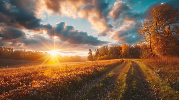 Dirt road in the field at sunset. Beautiful autumn landscape. photo