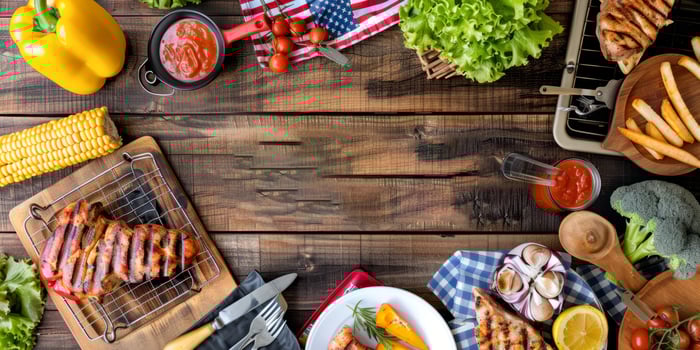 Barbecue spread with various grilled meats and vegetables on wood table photo