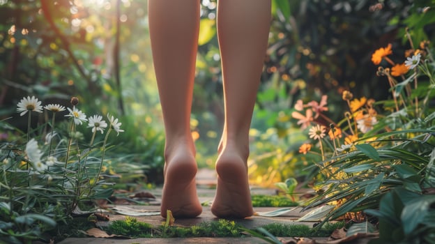 Bare feet of a woman on a garden path with flowers and greenery photo