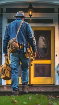 Handyman entering home with tools photo