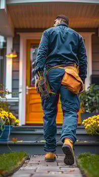 Technician approaching a front door with tool belt photo