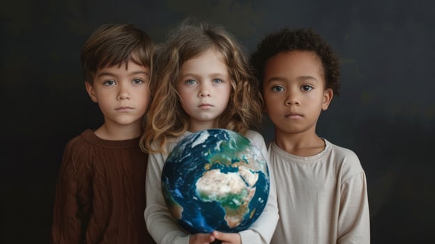 Three diverse children holding Earth globe, united for the future photo