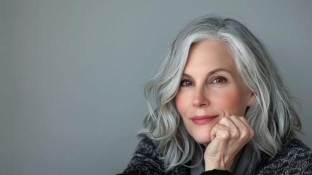Confident mature woman with grey hair smiling gently photo