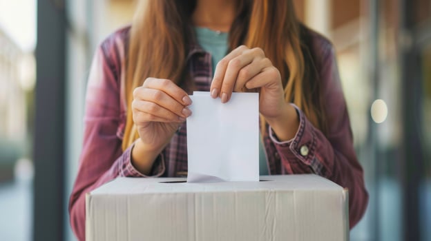 Woman placing her vote in ballot box outdoors photo