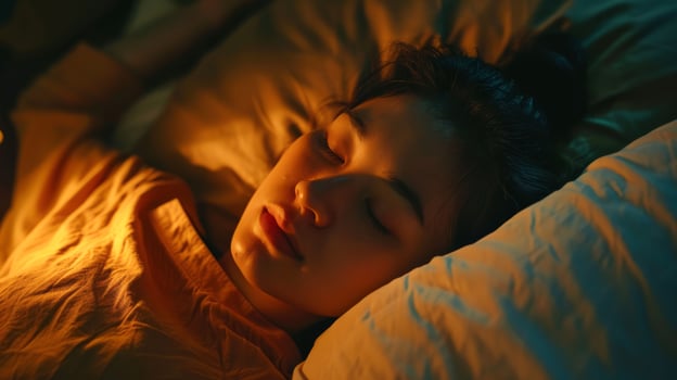 Woman lying in bed with insomnia, unable to sleep photo