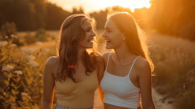 Teenage best friends enjoying sunset in a forest clearing photo