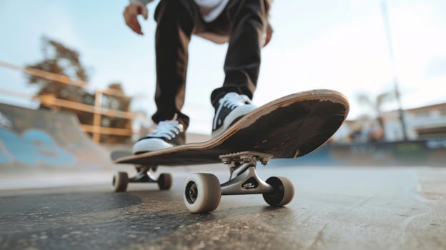 Young adult skateboarding outdoors in the city, stylish action shot photo
