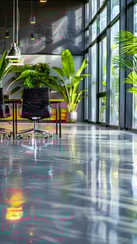 Stylish conference room with plants and floor-to-ceiling windows photo