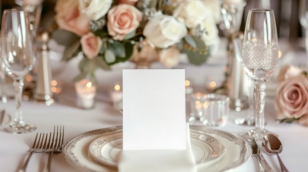 Chic table setting with blank card for special dinner photo