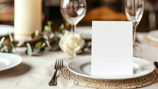 Elegant dining setup with blank place card for occasion photo