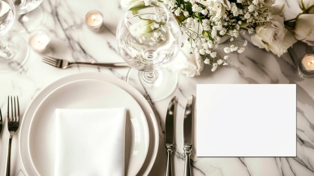 Beautifully decorated table with blank card for celebration photo