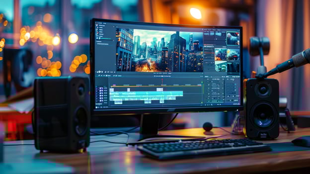 High-end video editing studio with cityscape on screen photo