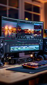 Dynamic video editing setup with vibrant city lights and audio equipment photo