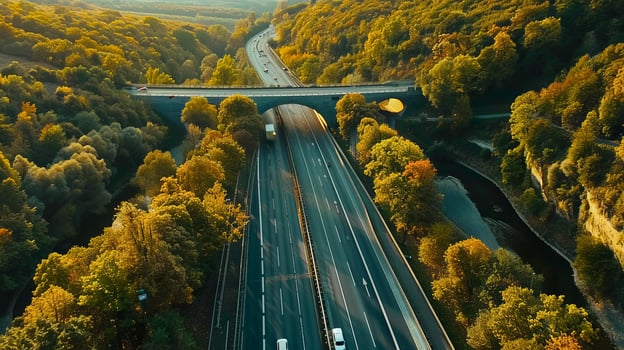 Aerial view of a highway bridge over a forested river photo