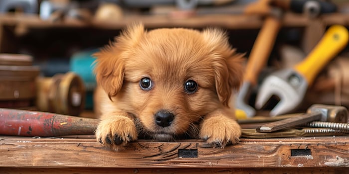 Cute golden puppy among hand tools in a craftsman's workshop photo