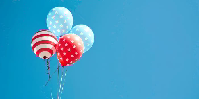 USA themed balloons flying high in clear blue sky photo
