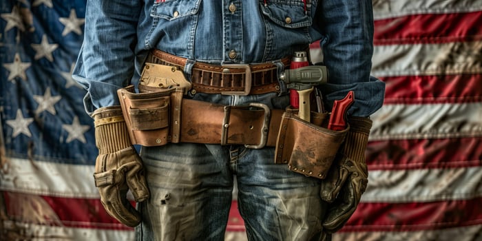 American Carpenter with Toolbelt and Protective Gloves photo