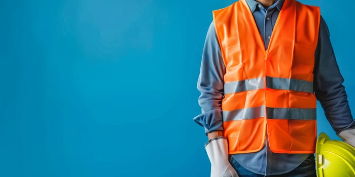 Construction worker holding yellow helmet and wearing safety vest photo