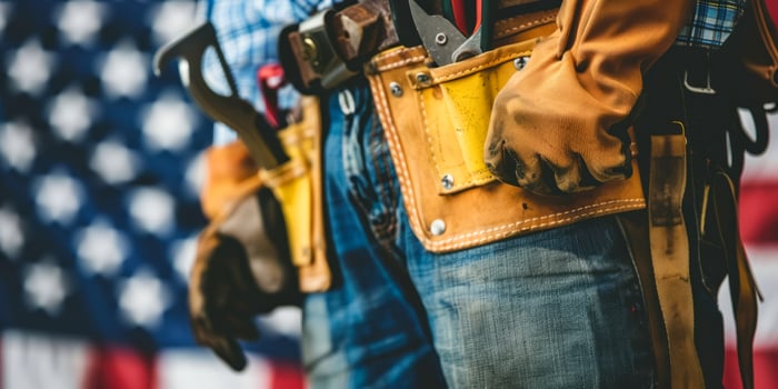 Partial view of workman with tool belt and pliers against American flag photo
