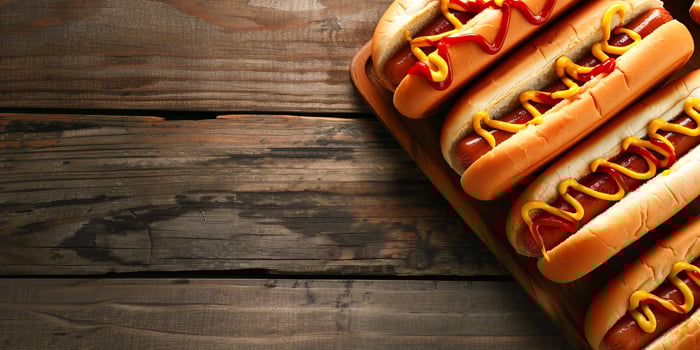 Tasty hot dogs with condiments on rustic wood photo