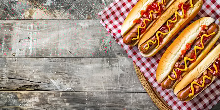 Delicious hot dogs with mustard and ketchup on checkered paper photo