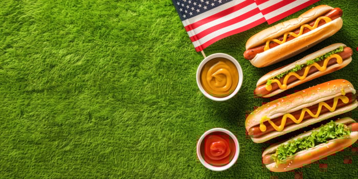 Hot Dogs with Condiments on Green Grass for Picnic photo