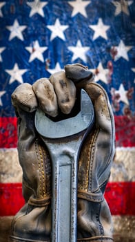 Gloved hand holding wrench against USA flag, worker pride photo