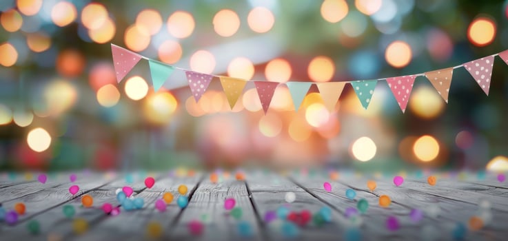 Colorful Pennant Banners and Party Lights Decorate an Outdoor Celebration photo