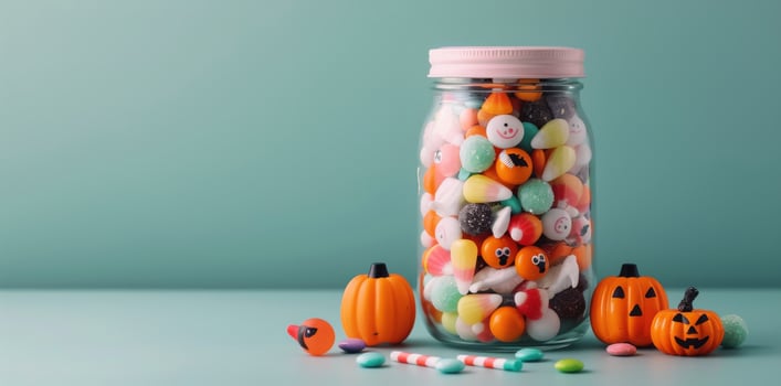 Colorful Candy Jar Filled With Assorted Treats on a Turquoise Background photo