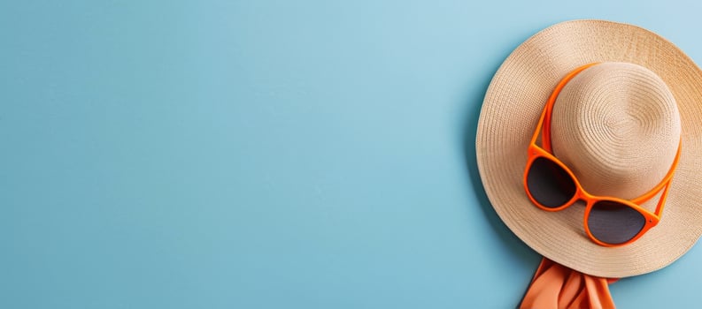 Summer Accessories With Orange Sunglasses And Straw Hat On Turquoise Background photo