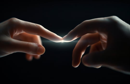 Human And Robot Hand Reaching Toward Each Other At Close Range photo