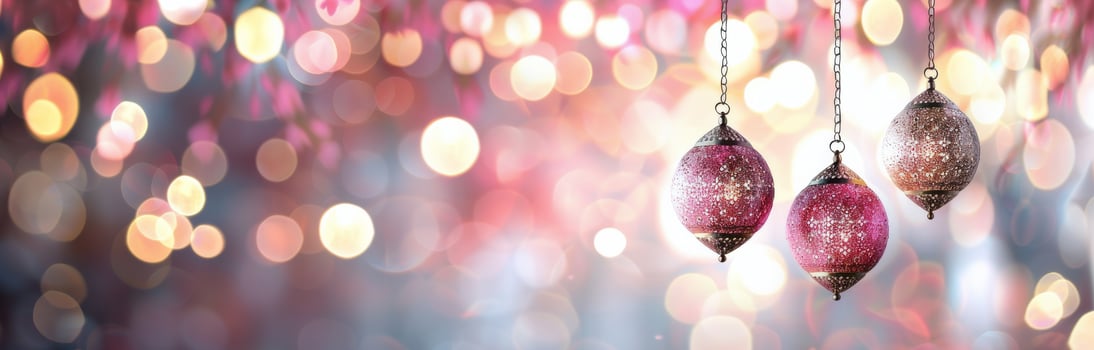 Colorful Glittering Ornaments Hanging Against a Blurred Festive Background photo