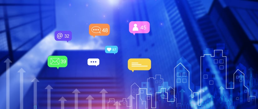Social media and digital online marketing concepts with icons such as notifications, messages, comments on the virtual screen background. photo