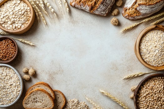 Whole grain breads and cereals with blank space. photo