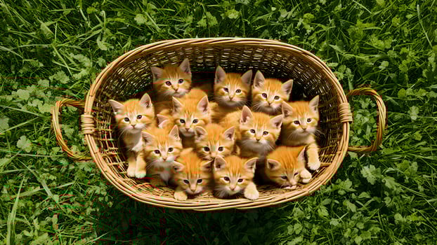High angle shot flock of baby orange kitten in jute basket on the grass. center composition photo