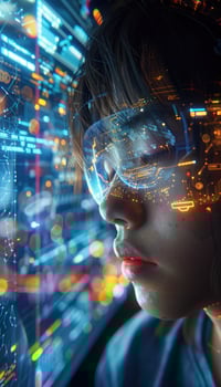 A stylish woman with futuristic glasses gazes at a computer screen photo