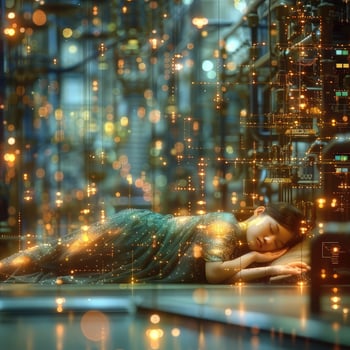 A person is lying on the floor surrounded by numerous bright lights photo