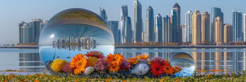 A glass ball filled with flowers set against a stunning skyline photo