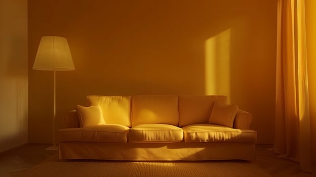 Cozy modern living room with yellow sofa and soft lighting photo
