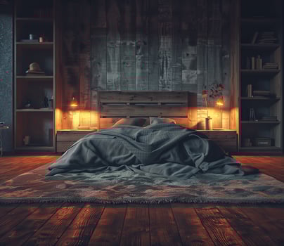 Cozy modern bedroom with warm lighting and textured decor at night photo