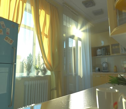 Bright morning light streaming through modern kitchen window with yellow curtains photo