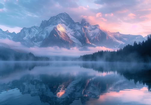 A stunning mountain range reflected in a calm alpine lake at dawn, with mist rising from the water photo