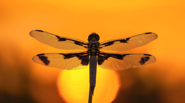 Dragonfly with detailed wings against sunset sky photo