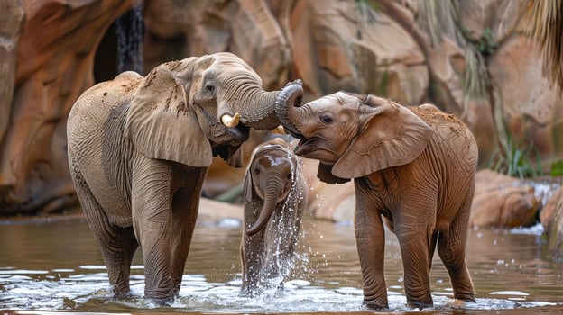 Elephants playing in water with trunks intertwined photo