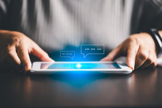 Digital tablets facilitate chat-based communication and online messaging services, playing crucial role in network marketing, business strategies, and modern technology concepts on web. chat, message. photo