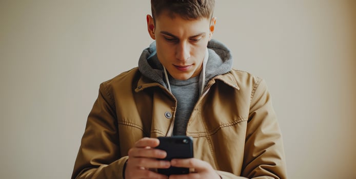 A young man in a jacket is looking at his phone photo
